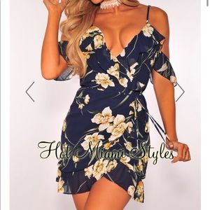 Navy blue floral wrap dress